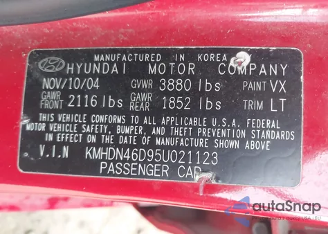 2005 Hyundai Elantra Gls/Gt from USA, damaged, VIN KMHDN46D95U021123